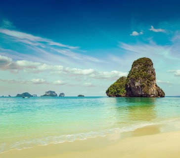 Vintage retro hipster style travel image of Pranang beach. Krabi