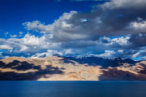 Himalayan mountain lake in Himalayas Tso Moriri on sunset