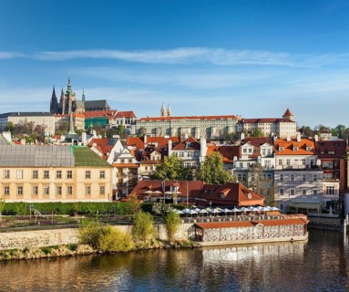 View of Mala Strana and Prague castle over Vltava river. Prague