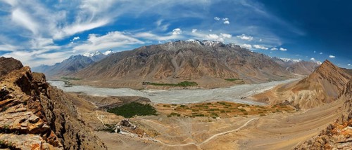 Aerial panorama of Spiti valley and Key gompa in Himalayas. Spiti valley