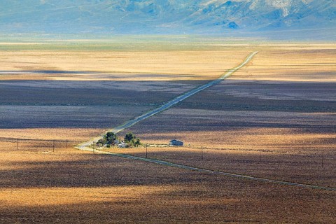 Lonely long road through desert landscape