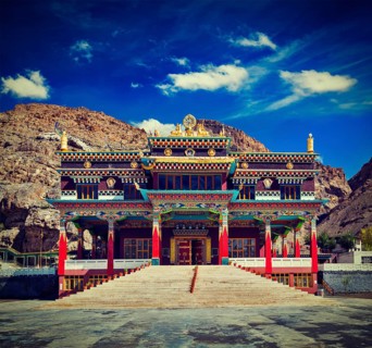Vintage retro effect filtered hipster style travel image of Buddhist monastery in Kaza. Spiti Valley