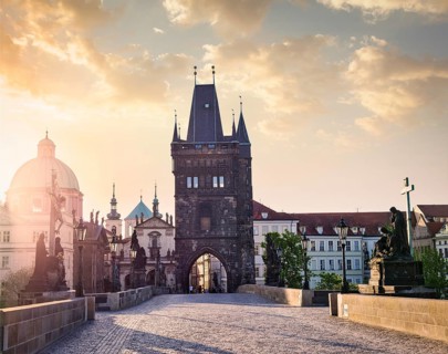 Charles bridge tower in Prague on sunrise