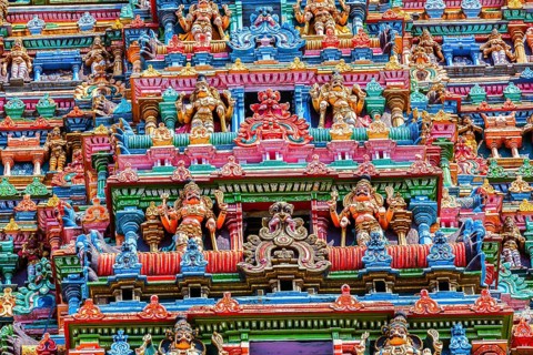 Sculptures on Hindu temple gopura tower. Meenakshi Temple