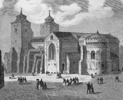 Tower front 1860 with Gothic window group above Romanesque portal