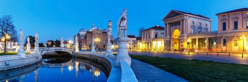 Prato Della Valle square with statues travel city panorama at night in Padua