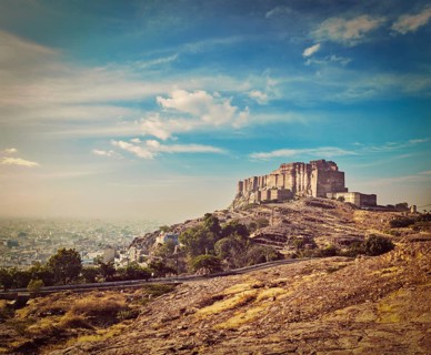 Vintage retro hipster style travel image of Mehrangarh Fort