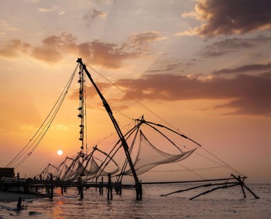Kochi chinese fishnets on sunset. Fort Kochin