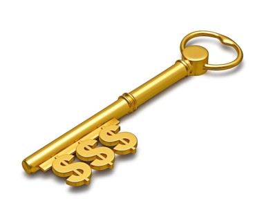 Key to Wealth with dollar signs isolated on white