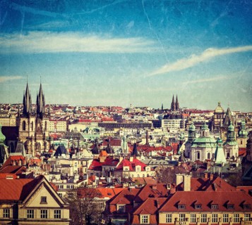 Vintage retro hipster style travel image of aerial view of Prague
