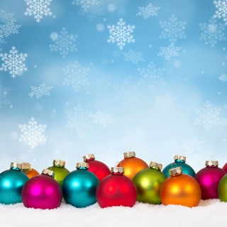 Christmas many colourful Christmas balls decoration square snowflakes snow winter text free space in Stuttgart
