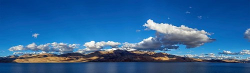 Panorama of Himalayan lake Tso Moriri in Himalayas on sunset