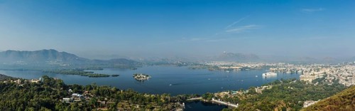 Aerial panorama of Lake Pichola and Udaipur with City palace