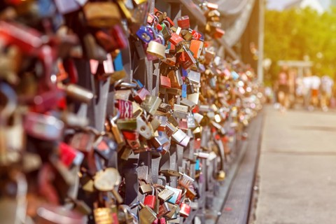 Love locks at the Eiserner Steg bridge love in Frankfurt
