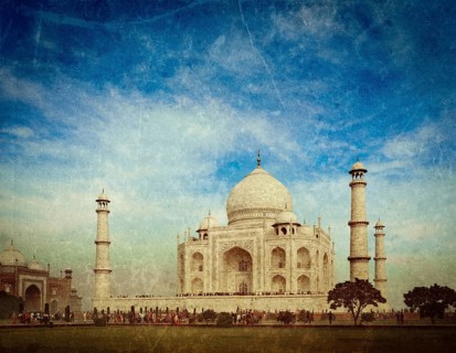 Vintage retro hipster style travel image of Taj Mahal. Indian Symbol