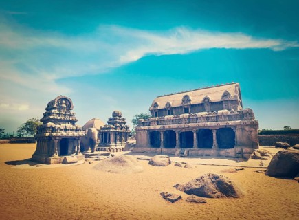 Vintage retro hipster style travel image of Five Rathas