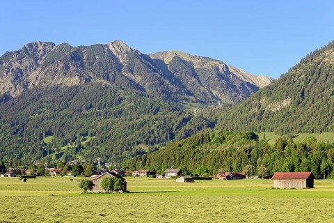 View from the Loretto meadows to the hay harvest and the mountains near Oberstdorf
