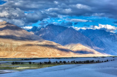 High dynamic range image valley in Himalayas. with sand dunes. Hunder