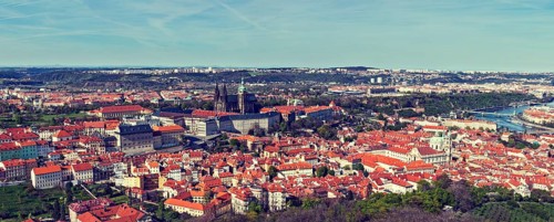 Vintage retro hipster style travel image of aerial panorama of Hradchany the Saint Vitus St. Vitt's Cathedral and Prague Castle. Prague