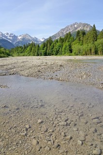 View of the Stillach river landscape and the mountains