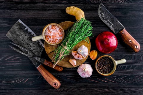 Overhead view of rustic butcher meat knife
