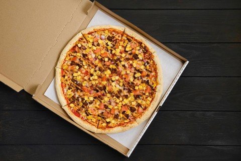 Top view of pizza with beef minced meat