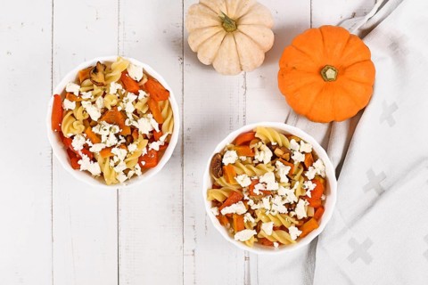 Top view of bowls with Fusilli pasta