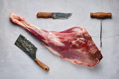 Overhead view of raw fresh deer leg with spice and herb over concrete background
