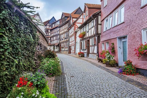 Old town alley with half-timbered houses