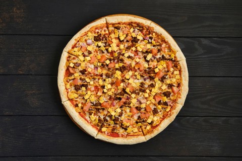 Top view of pizza with beef minced meat