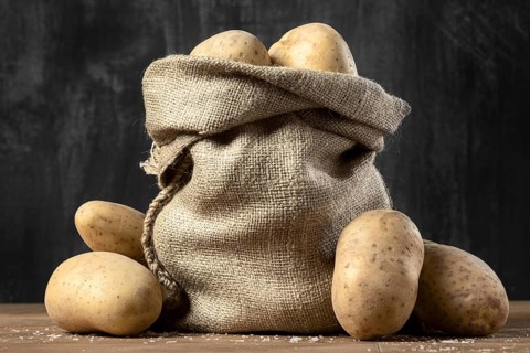 Front view burlap sack with potatoes