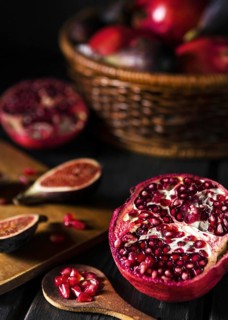 High angle autumn figs pomegranate