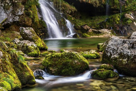 Slap Virje waterfall with mossy rocks