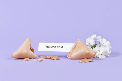 Motivational text in fortune cookie saying 'You can do it' on purple background with flower