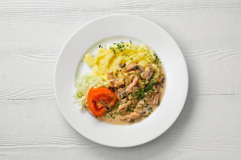 Top view of plate with chicken goulash