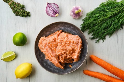 Top view of plate with minced salmon