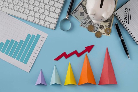 Top view business items with growth chart colored cones. Resolution and high quality beautiful photo