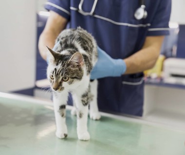 Close up doctor with stethoscope checking cat
