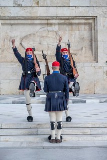 Detachment of the Presidential Guard Evzones in front of the Monument to the Unknown Soldier near the Greek Parliament
