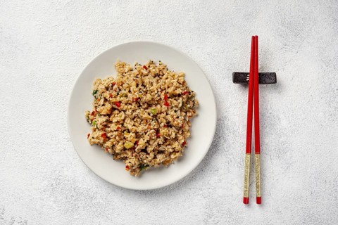 Top view rice with vegetables plate chopsticks. Resolution and high quality beautiful photo