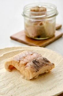 Closeup view of canned sturgeon on a plate