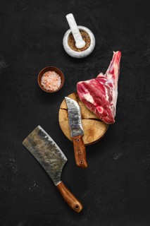 Overhead view of raw lamb leg cut