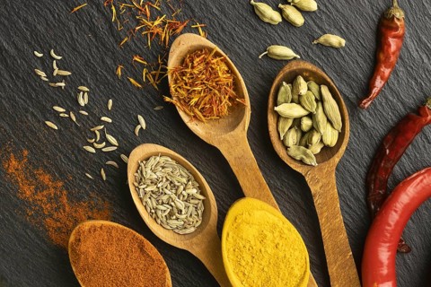 Top view indian spices with wooden spoons 1. Resolution and high quality beautiful photo