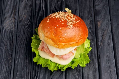 Top view of big Egg burger with mozzarella