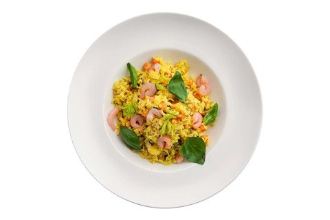 Rice with shrimps isolated on white background