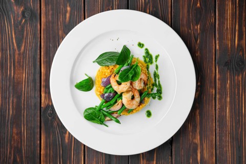 Overhead view of salad with shrimp