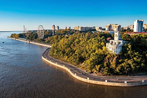 Aerial of Khabarovsk and the Amur river