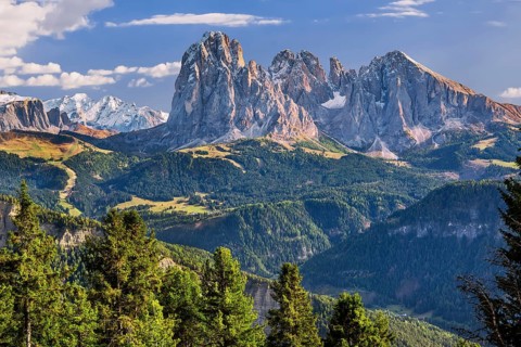 View of the valley with Marmolata 3343m and Sassolungo Group 3181m