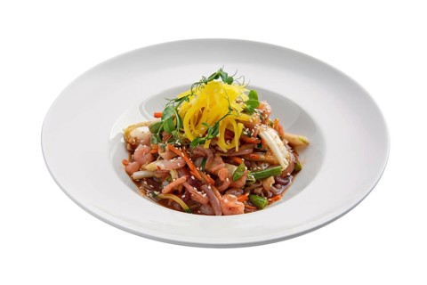 Wok with shrimps and green beans isolated on white background