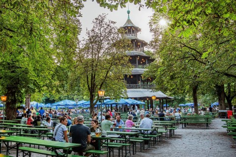 Beer garden at the Chinese Tower in the English Garden in the evening sun